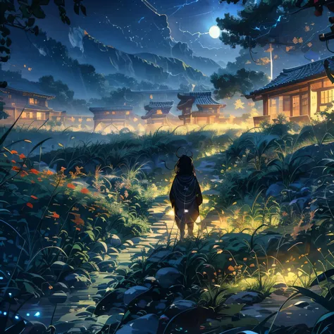 imagine a happy and mind relaxing night plain open cement road no car or human figure full moon flowers grass lightning bugs nature view. High contrast highly detailed anime style