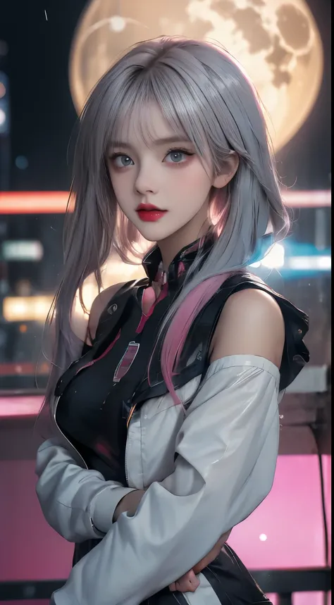 lucy (Cyberpunk), 1girll, hair scrunchie, hime-cut, Silver hair, colored tips, full moon, With gray eyes, Jacket, Long sleeves, view the viewer, Extreme light and shadow，tmasterpiece，Film and television light and shadow，8K clarity，Medium hair, O cabelo mul...