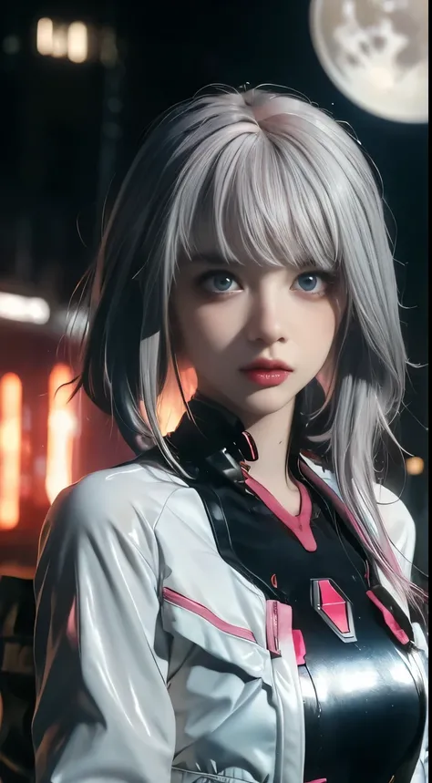 lucy (Cyberpunk), 1girll, hair scrunchie, hime-cut, Silver hair, colored tips, full moon, With gray eyes, Jacket, Long sleeves, view the viewer, Extreme light and shadow,tmasterpiece,Film and television light and shadow,8K clarity,Medium hair, O cabelo mul...