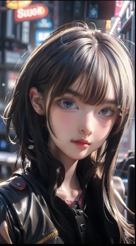 hyperrealistic close up portrait photograph of Lucy cyberpunk edgerunners in a crowded Japanese street, wearing leather jacket and armor, fringe cut and bangs hairstyle, heavy makeups, insane details, detailed designs, glowing colorful circuitry, colorful ...