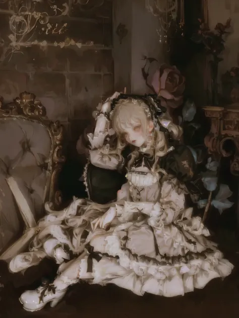 doll sitting on a chair with a bat in front of her, ball jointed doll, dollfie dream, artdoll, , lovely dark autumn princess,  in dress, victorian gothic lolita fashion, bjd, lolish, rococo dress, lolita fashion, baroque dress, fairycore, lolita style, lol...