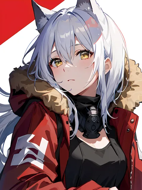 est quality, masterpiece, high resolution, solo, (projekt red arknights:0.8), 1 girl, hood with fur trim, hooded jacket, looking at viewer, red jacket, mask around neck, open jacket, white background