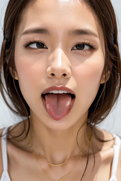 Tabletop,,Awards - Winning Photos, Very detailed, Keep your eyes clearly focused, Nose and mouth,Face Focus, Woman with open mouth and closed eyes, Black camisole、Age 35,Black-haired、Symmetrical face,Realistic nostrils、Angle from below、Elongated C-shaped n...