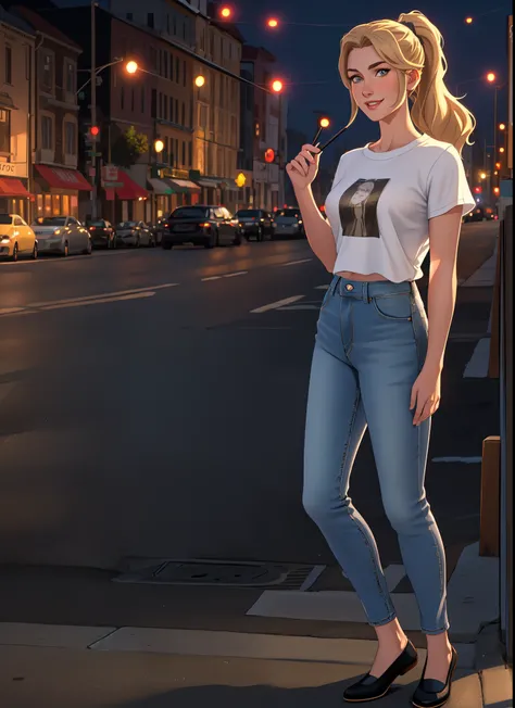 (8k), (best quality), (masterpiece:1.2), (realistic), (photorealistic:1.37), ultra-detailed, 1 girl, caucasian, detailed face, (tight jean), (t-shirt), ((night street background)), (stands straight), ((perfect female body, skin dentation)), mature female, ...