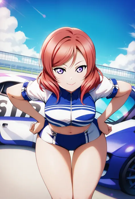 masterpiece, best quality,8k wallpaper ,long thighs,bare thigh ,love live art style, nishikino maki love live, purple eyes,red hair, crop top,race queen, front view, smile, closed mouth, bent over, hands on hip