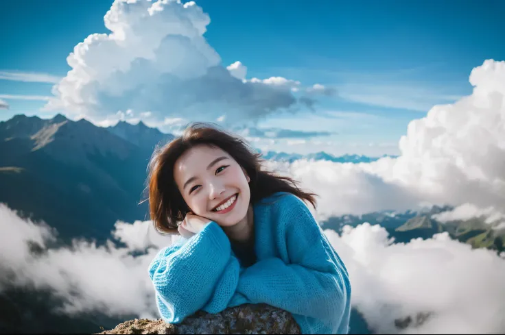 Best Quality　masterpiece　detailed　A very beautiful woman is smiling as she watches the fantastic sea of clouds from the mountain　Photo style　Fantasy　Light blue sweater　Dramatic Production