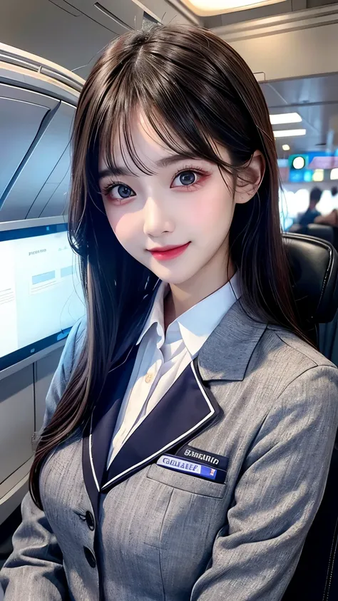 Beautiful flight attendant、Cute female flight attendant、Elegant flight attendant、Detailed face and eyes、Long eyelashes、Beautiful Lips、Cute Smile、Professional uniform、young woman、Detailed fabrics and textures、Indoor airport environment、Soft lighting、Subtle ...