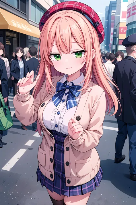 insanely detailed, absurdres, ultra-highres, ultra-detailed, best quality,
1girl, solo, nice hands, perfect hands,
BREAK
(vintage-inspired beret with flower pin:1.3), (navy and red plaid dress:1.5), (golden buttons down the front:1.2), (ivory blouse with r...