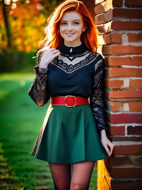 a girl wearing a vintage-inspired outfit, long-sleeved black blouse, intricate lace detailing at the collar, high-waisted skirt, traditional ethnic patterns in black and red, contrasting red petticoat, wide belt with ornate metallic decoration, patterned t...