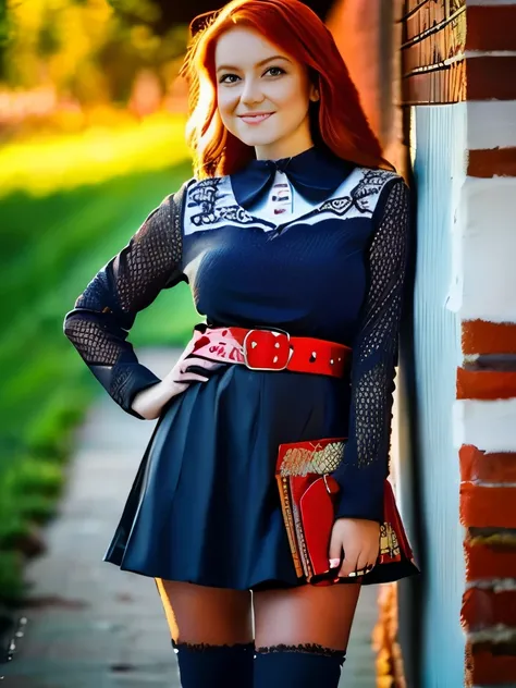 a girl wearing a vintage-inspired outfit, long-sleeved black blouse, intricate lace detailing at the collar, high-waisted skirt, traditional ethnic patterns in black and red, contrasting red petticoat, wide belt with ornate metallic decoration, patterned t...