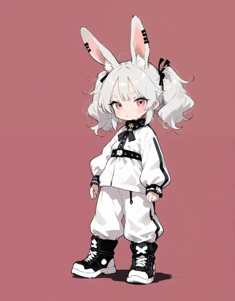 solo,1girl\(fluffy white clothes, rabbit ear, long white hair, chibi,full body\), break ,quality\(8k,wallpaper of extremely deta...