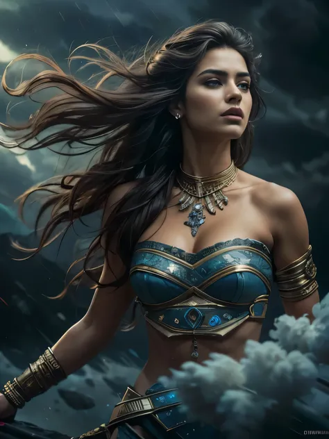 (Masterpiece.uhd.  Oil painting.)Medium full shot. stunning goddess, young woman, age 23. fit body, walking above black storm clouds, detailed face, beautiful eyes, full lips, detailed skin, flowing hair, epic scale, dramatic lighting, fantasy, cinematic, ...