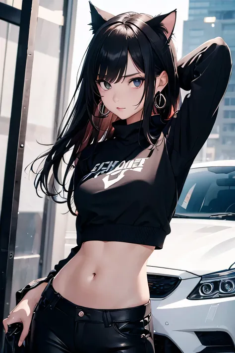 One girl,High resolution,Widescreen, Earrings, masterpiece, Best Quality, High detail,Slim body,Legendary Assassin,Assassin,Black Hair,long,Cat ears on the hood,Taking off tight pants,Murderer&#39;s Eyes,Purple Eyes,(Very small breasts),Small Face,Small, n...