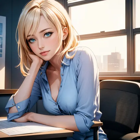 a beautiful woman, detailed face resembling naomi watts, joyful and confident expression, wearing casual clothes, sitting in an office environment, working, masterpiece, detailed office setting, hyper realistic, photorealistic, intricate details, soft ligh...