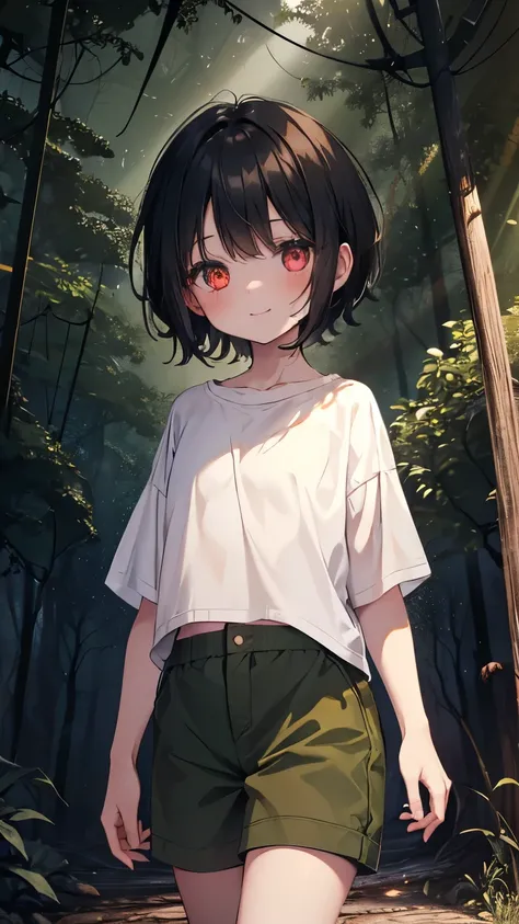 Little child girl 1,Short Hair,Black Hair,Red glowing eyes,smile,blush,Standing,White T-shirt,Olive green shorts,Sandals,The Forest,front,Cowboy Shot,((Horror atmosphere:1.4)),