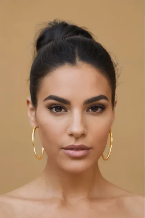 hyper-realistic portrait of a woman with an elegant, poised expression. She has her dark hair styled in a neat top bun, with a few loose strands framing her face. She wears a sleek black turtleneck, adding sophistication to her look. Her makeup is flawless...