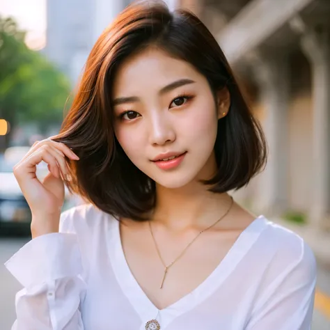 arafed asian woman with a white shirt and a necklace, beautiful south korean woman, chin-length hair, beautiful young korean woman, korean girl, gorgeous young korean woman, beautiful asian girl, with short hair, young cute wan asian face, popular korean m...