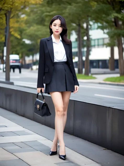 a woman in a skirt and jacket standing on a sidewalk, office clothes, business outfit, short skirt and a long jacket, wearing jacket and skirt, girl in a suit, casual business outfit, wearing a business suit, business woman, wearing business casual dress, ...