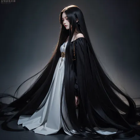 Super Long Hair Contest Winner、Full body photo、Head to toe photos、Taken from about 4 meters away、ultra-realistic、The longest black hair in the world、Hair longer than Rapunzel、She has very long black hair that covers her entire body...、Hair that is shampooe...