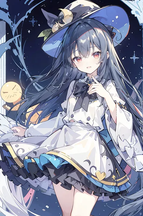 oung Girls,Humanity,A magician always smiles,big witch hat,cute,dark blue long hair,The eyes are dull,The bangs are heavy,Thin eyebrows,fantasy,intake,Double teeth,Star Theme,Constellation pattern,Solid color clothetal decoration,cloak,A bit of a dark atmo...