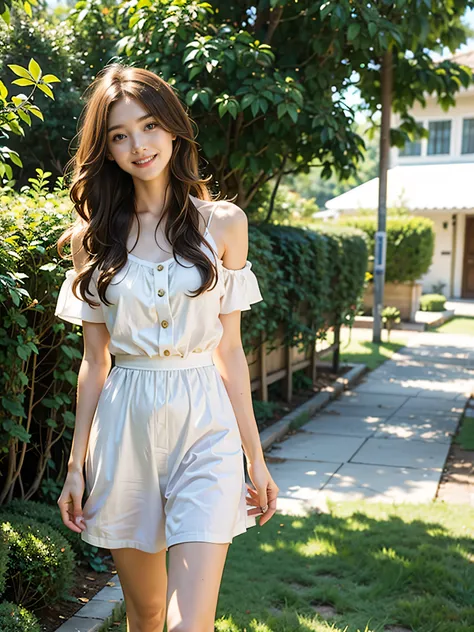 cute smile very pretty girl with wavy medium hair slender figure summer fashion