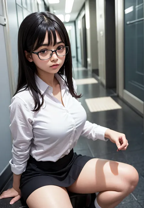 masterpiece, best quality, ultra high res, ultra-detailed, long black hair, bangs, brown eyes, huge breasts, wide hips, skirt, school hallway, sitting, young adult, 1 girl, alone, takeda hiromitsu style, glasses, school unifor, tight white shirt, blue skir...