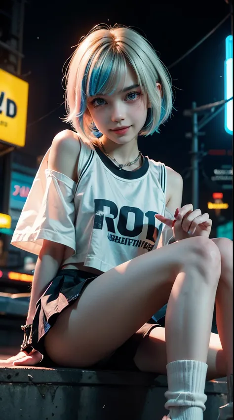 a colorful bob cut haired punk canadian girl, smooth white skin, slender, innocent look, ultra high resolution, uhd, detailed cy...