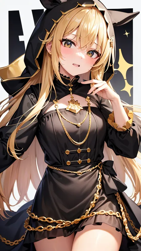 High resolution、high quality、Super detailed、8K wallpaper、One woman、beautiful、Mature、Blonde、Wearing a shark hood、The teeth are shark teeth、Looking up、There is a sense of sadness、Lover feeling、Little devil feeling、Be loved、Be friendly、Gold and black dress、Go...