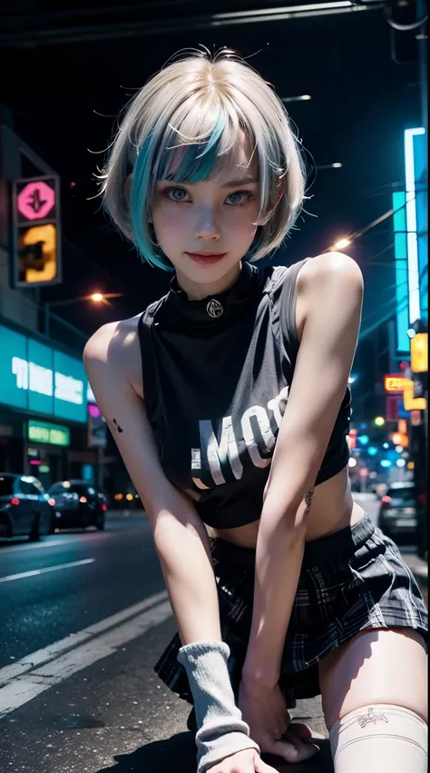 a colorful bob cut haired punk canadian girl, smooth white skin, slender, innocent look, ultra high resolution, uhd, detailed cy...