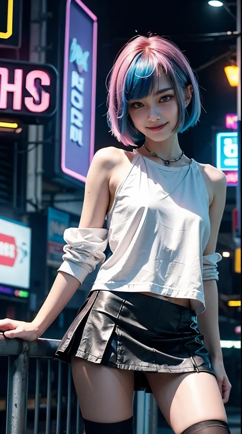 A colorful Bob cut haired punk canadian girl, smooth white skin, slender, innocent look, ultra high resolution, uhd, detailed cyberpunk outfit, wink, smiling, neon lighting, short skirt, colorful loose socks, athletic legs, vogue pose, modelling, beautiful...