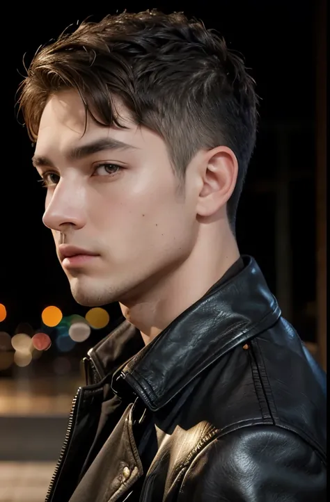 adult man, brown eyes, brown hair, shaved hair at the nape of the neck, black jacket.