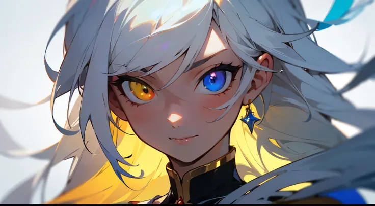 masterpiece, best quality, best quality, masterpiece, highres, focus, anime style, a closeup of a cartoon of a woman, girl design, portrait, giesha, anime image, long hair, white hair, heterochromia eyes, hair covering ears, polished and powerful look, exo...