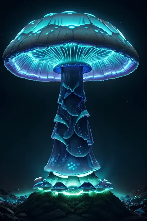 (professional 3D), design a captivating ((giant monster shaped as a bioluminescent mushroom))) with details such as stem cap and gills, metropolis, the monster emits an eternal glow, illuminating the surrounding area with a mesmerizing light, a sense of ma...