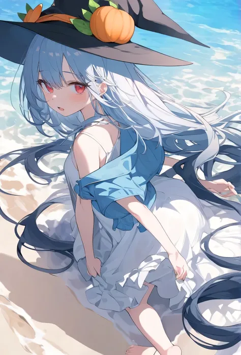 masterpiece，top quality，best quality，official art，Beautiful and picky，Very detailed（Fractal Art 1.2），colorful，most detailed，a girl，Expressionless，dark blue long hair，long bangs，Bright red eyes，pale albinism，barefoot，Wearing a pure white summer dress，Wearin...