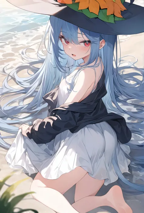 masterpiece，top quality，best quality，official art，Beautiful and picky，Very detailed（Fractal Art 1.2），colorful，most detailed，a girl，Expressionless，dark blue long hair，long bangs，Bright red eyes，pale albinism，barefoot，Wearing a pure white summer dress，Wearin...