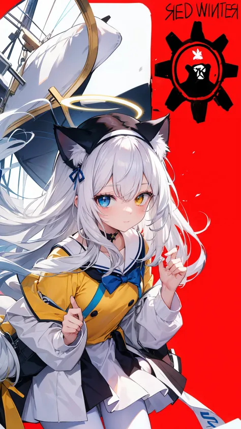 blue halo，white hair，long hair，cat ears，heterochromia blue-yellow，sailor suit，white pantyhose