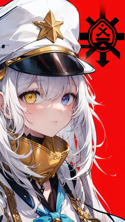 white hair，long hair，heterochromia blue-yellow，sailor suit，sharp eyes