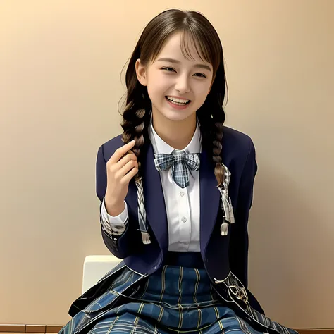(Highest quality, masterpiece:1.2), Highest quality, High resolution, 1080P, 8k, 158cm, (A noble, graceful and 13yo Japanese young long hair fashion model who have a best proportion are seated on a white floor giggling at me with extreme beatitude, laughin...