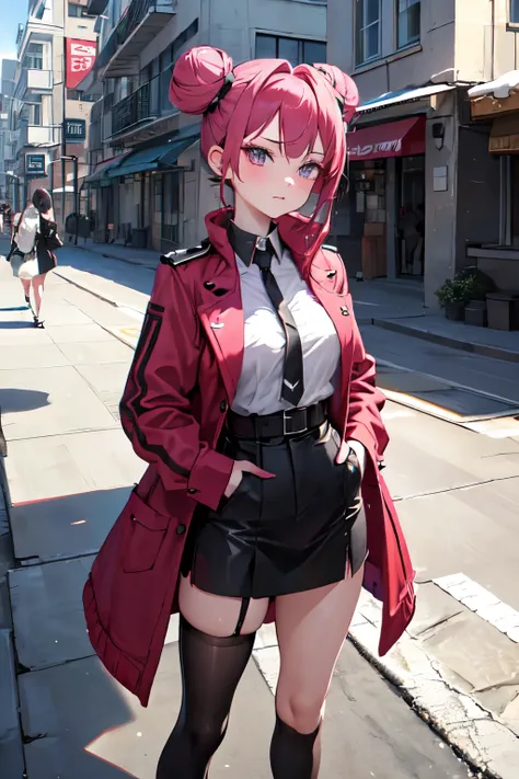 masterpiece, sharp, knee level, magenta hair twin buns, clean sclera, light eyes, sassy female standing in an urban alley, perfect body, wear black red gradient fur-trimmed jacket open, net high waist stocking panty detailed, wide hips, warm colors, soft s...