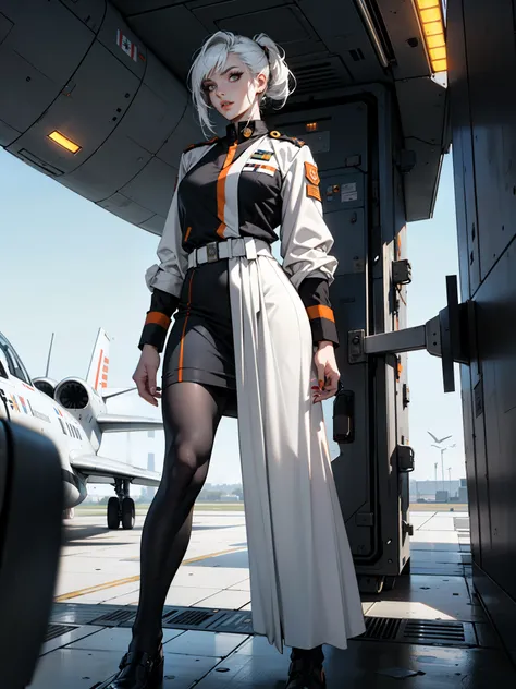 (Muscular woman), (pale skin) white hair, bangs, hair tied up, dark eyes, dark make up (detailed eyes), (detailed lips), white and grey military uniform with orange accents, long skirt, uniform, Military uniform, futuristic uniform, sci fi, solo, standing ...