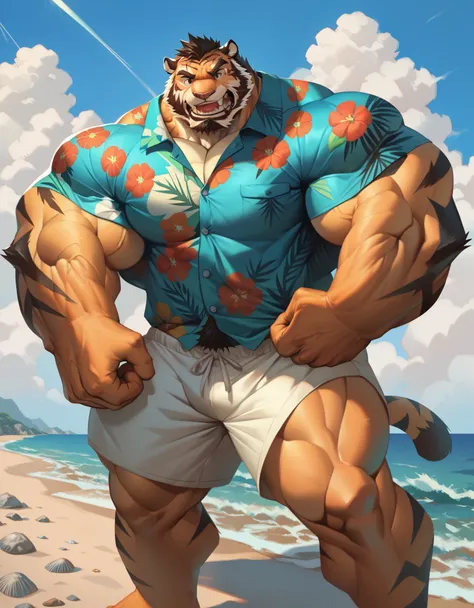 bara tiger, fur, very large pecs, strong physique, very muscular, perfect anatomy, masterpiece, black beard, black eyes, strong jaw, giant biceps, shirtless, hairy pectorals, solo, great lighting, beach, shorts, hawaiian shirt