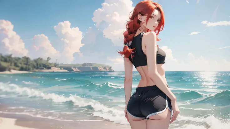 a woman, red hair, braided hair, Perfect Body, of coasts, big ass, Dolphin shorts, High resolution, Super detail, realistic8k, overview