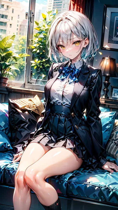 short silver hair, intense yellow eyes, white shirt, black blazer, black high waist pleated skirt, Thigh high socks, confident pose, expression of contempt, well proportioned slender body, sitting on a leather sofa, glancing slightly to the side, smooth li...