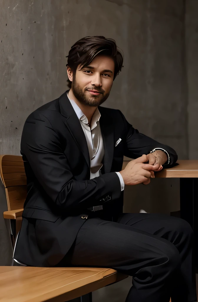 A smart boy, sitting on a chair beside a table with a coffee cup, short stylish black hair, short beard, wearing suit, pant, shoe, side face with a sweet smile, stylish sitting position,