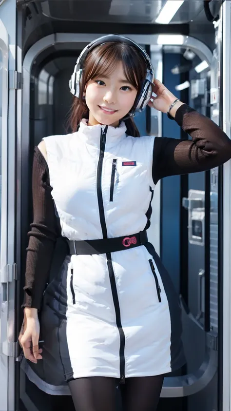 (Best Quality), (masterpiece), 1080P, High resolution, 4K, 8k, Inside the space station、Futuristic room、One Woman,20yo,astrovest,white shiny latex astrovest, black long sleeves,white down skirt,BREAK Shooting from directly below,Composition seen from below...