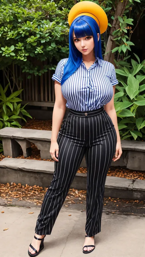 A sexy attractive beautiful woman with big breasts, royal blue hair, round cut, her orange eyes are dressed in a black and white striped blouse and dark long black pants, yellow flip flops