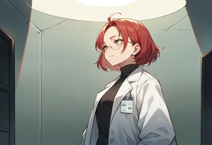 score_9, score_8_up, score_7_up, score_6_up, score_5_up, score_4_up, a human woman scientist in her 25 standing there, red hair, round glasses, white labcoat, standing in a black empty room