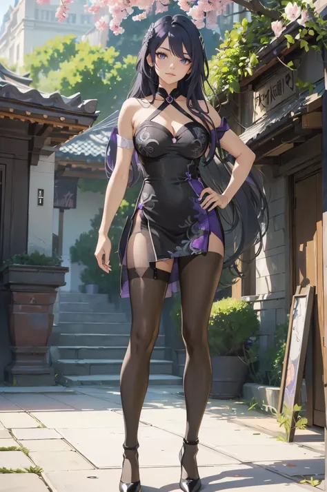 ((1girl, solo)), large breasts, beautiful body, (perfect anatomy, perfect body, perfect hands, perfect legs), nice hands, natural proportions, sexy body, standing, hand on hip BREAK 

((extremely detailed face)), purple eyes, hair over one eye, (beautiful ...