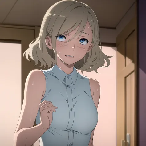 Ahegao,blush,Alone,((sweat)),Irenehonma, Irene Honma, short hair, blue eyes, grey hair, break shirt, bare shoulders, sleeveless, sleeveless shirt, break indoors, break looking at viewer, (cowboy shot:1.5), break (masterpiece:1.2), best quality, high resolu...