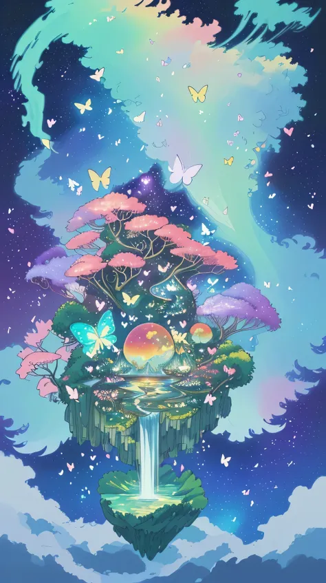 Viral anime nature wallpaper in 4K quality, in the style of digital illustration, depicting a dreamlike garden with floating islands, waterfalls cascading down, and glowing butterflies; surreal and vibrant color temperature, cosmos lighting with stars twin...